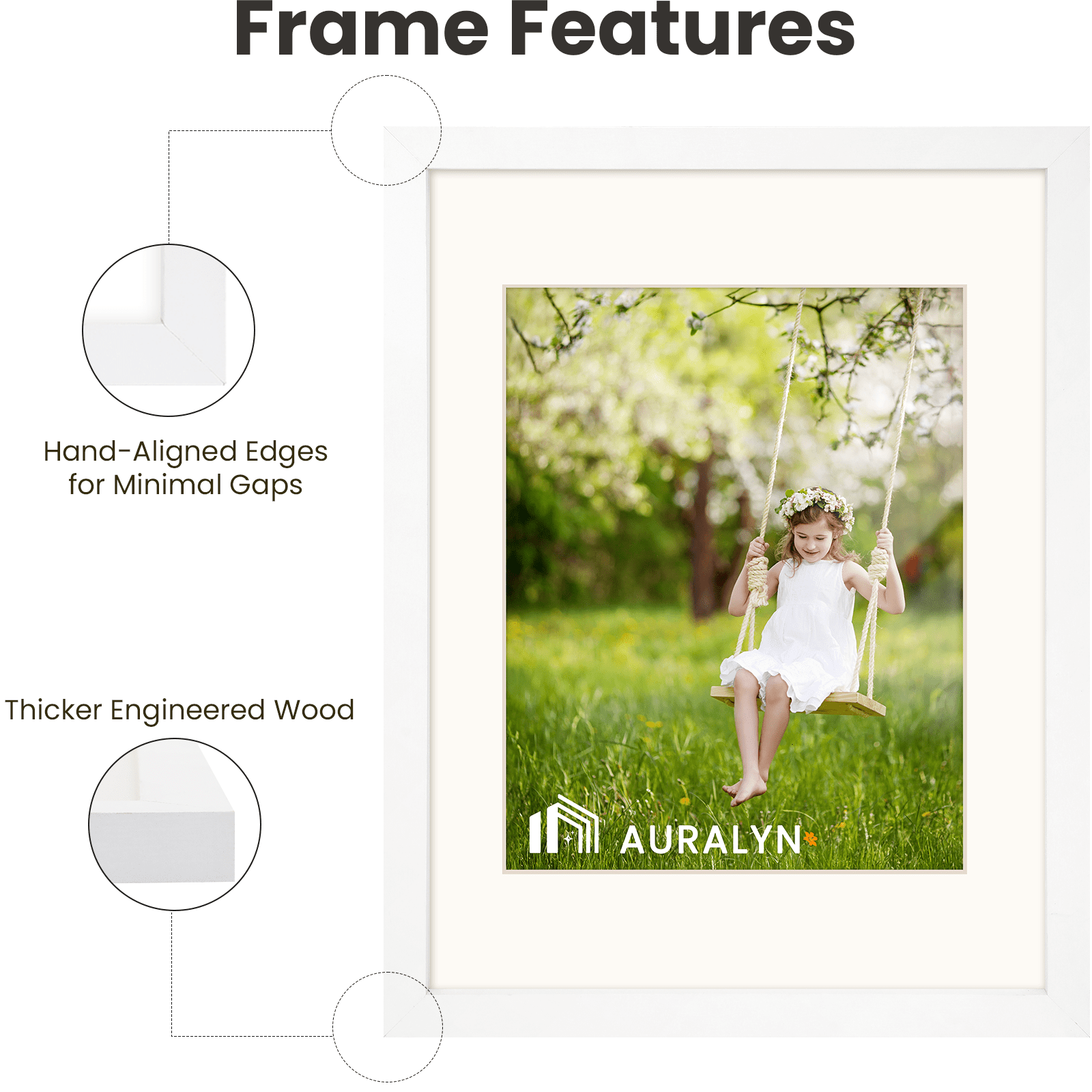 AURALYN 12x16 Picture Frame Set of 3 – Fits 8.5x11 with Mat or 12x16 Without Mat – Finger-Friendly, Easy to Hang, Includes Hanging Kit (White Wood Grain, 3 Pack)