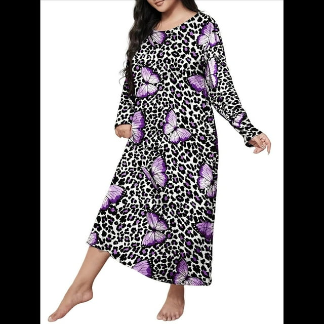 Camisón de Larga para Mujer, Estampado, Camiseta, Vestido de Dormir Mariposa Morada XXXL