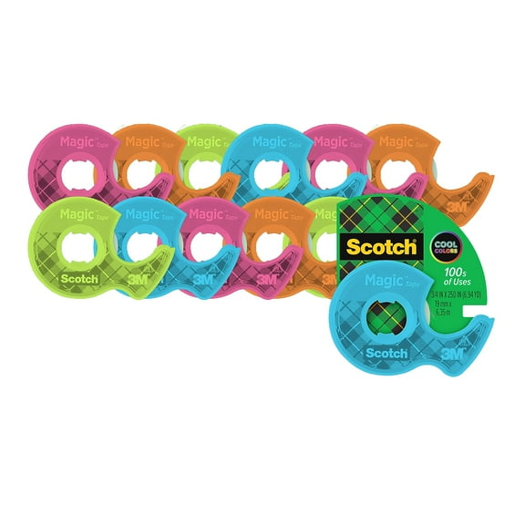 Scotch Magic Tape with Dispenser 3/4 in x 250 in Assorted Colors 12/Pack (102L-COL)