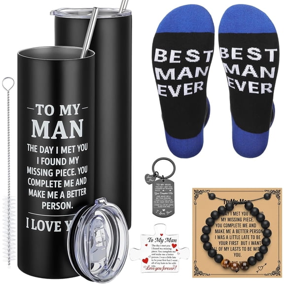 Valentine Gift Baskets for Men Birthday to My Man Gift Set for Him Husband Boyfriend Father Thank You Tumblers Socks Keychain