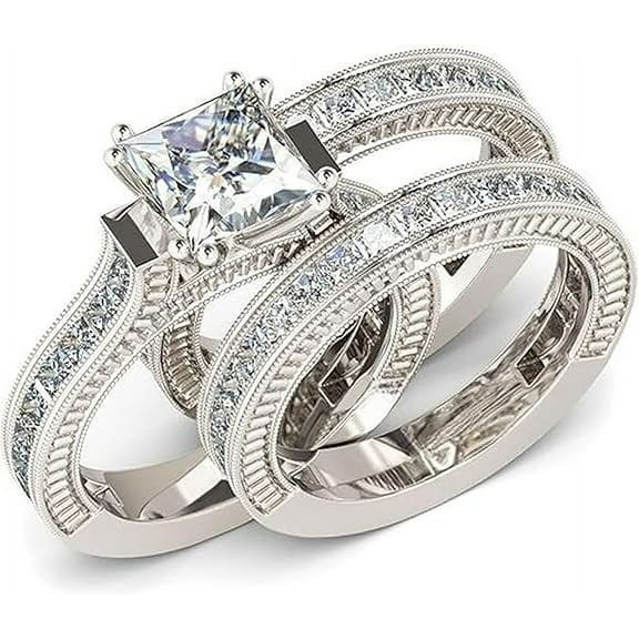 Zion Jewels 3PC Princess Cut Ring Set: Sterling Silver Halo Diamond Bridal Set, Engagement Wedding Band - Best Anniversary, Promise, Valentines Jewelry Gift with Box, White