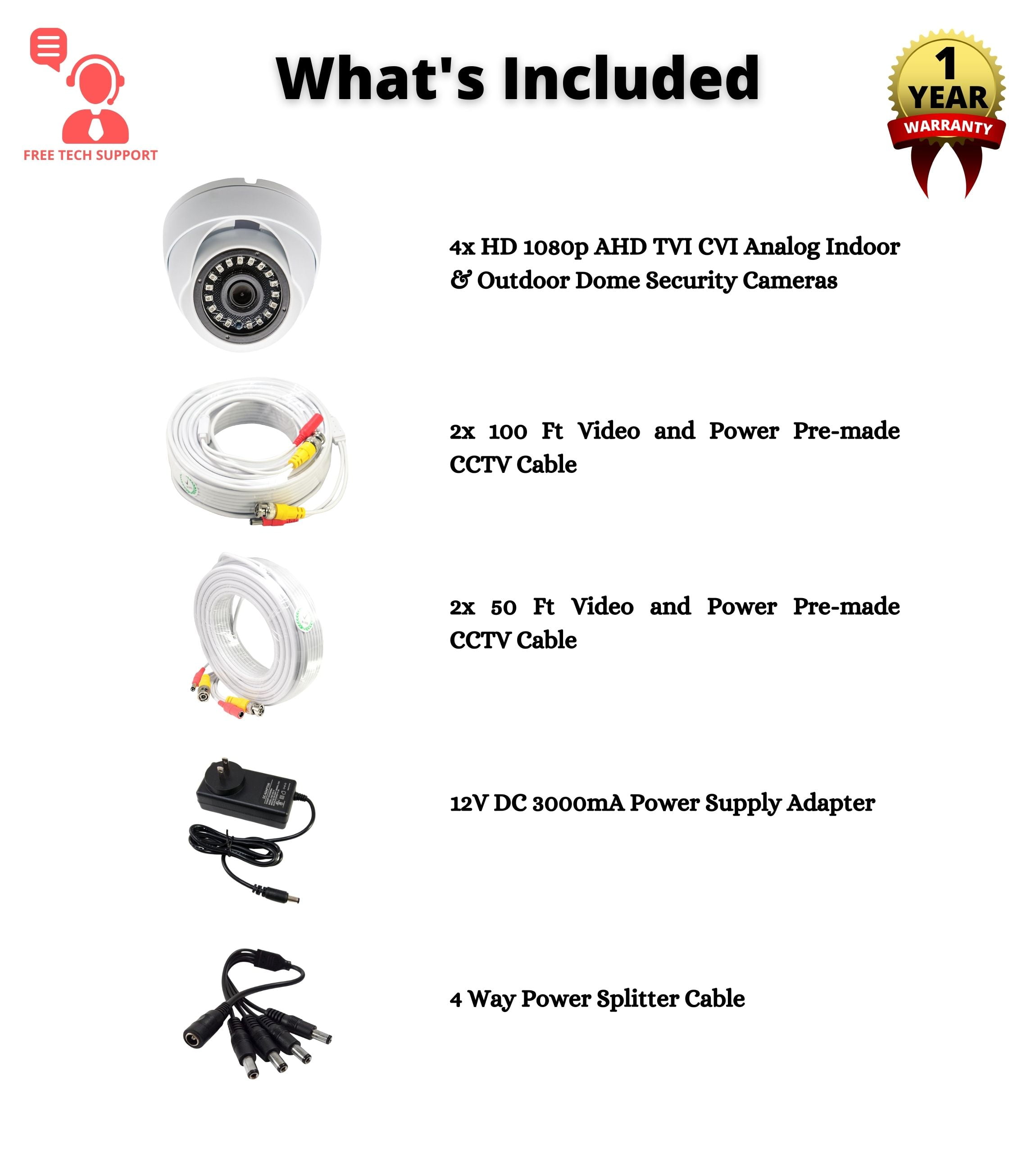 Evertech 4 Pcs 1080p HD AHD TVI CVI Analog Indoor Outdoor Dome Security Cameras with Wires and Power Supply