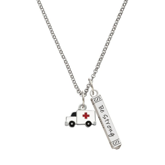 Delight Jewelry Silvertone Ambulance with Cross Silvertone Be Strong and Courageous Bar Charm Necklace, 23"