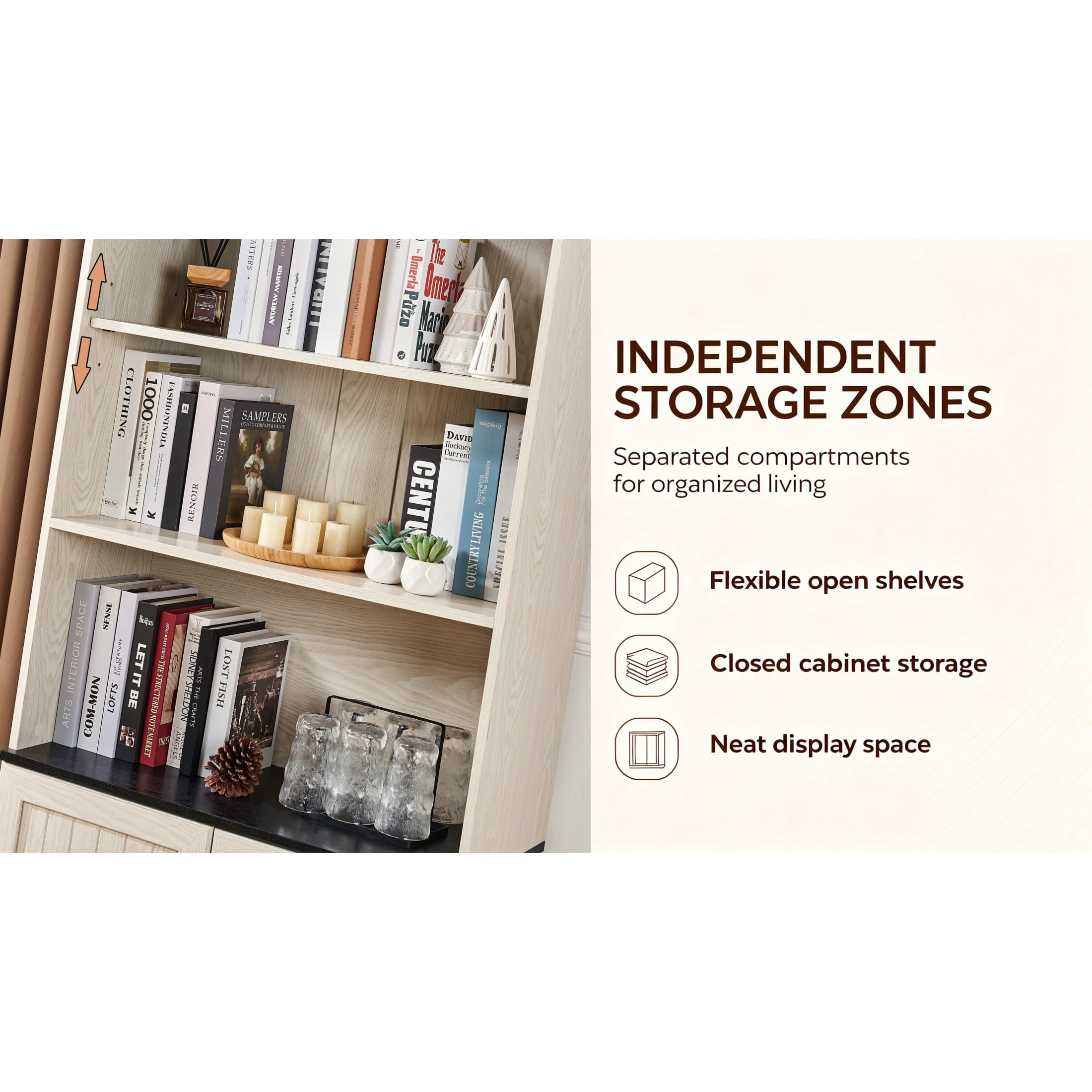 GDF Studio Calis 70.86" Tall Freestanding Storage Cabinet with Doors, Adjustable Shelves Display Cabinet, White Oak