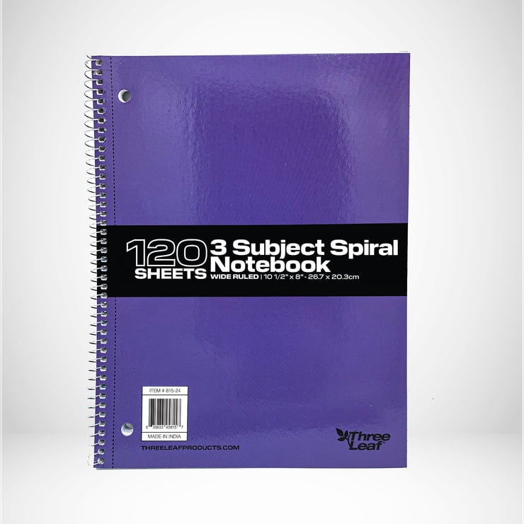 Three Leaf 120 Sheets, 10 1/2 X 8, 3 Subject Spiral Notebook, Wide Ruled, Pack Of 24