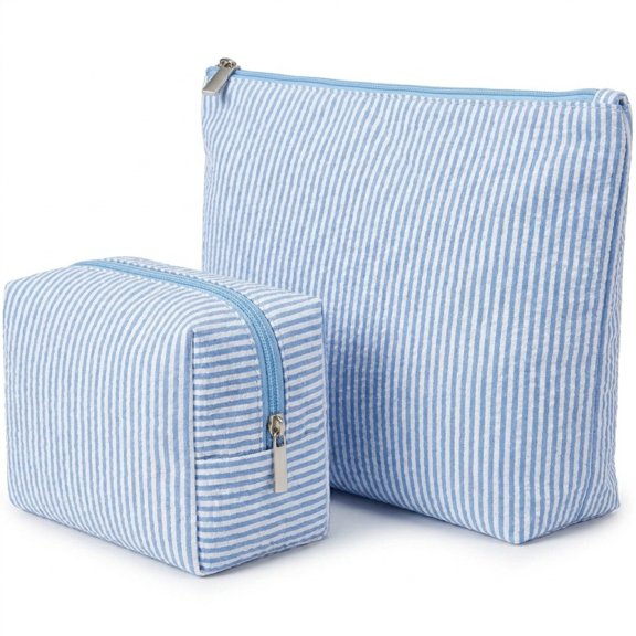 2 Pcs Blue Striped Makeup Bag Set, Seersucker Toiletry Pouch with Zipper, Large & Small Preppy Travel Cosmetic Organizer