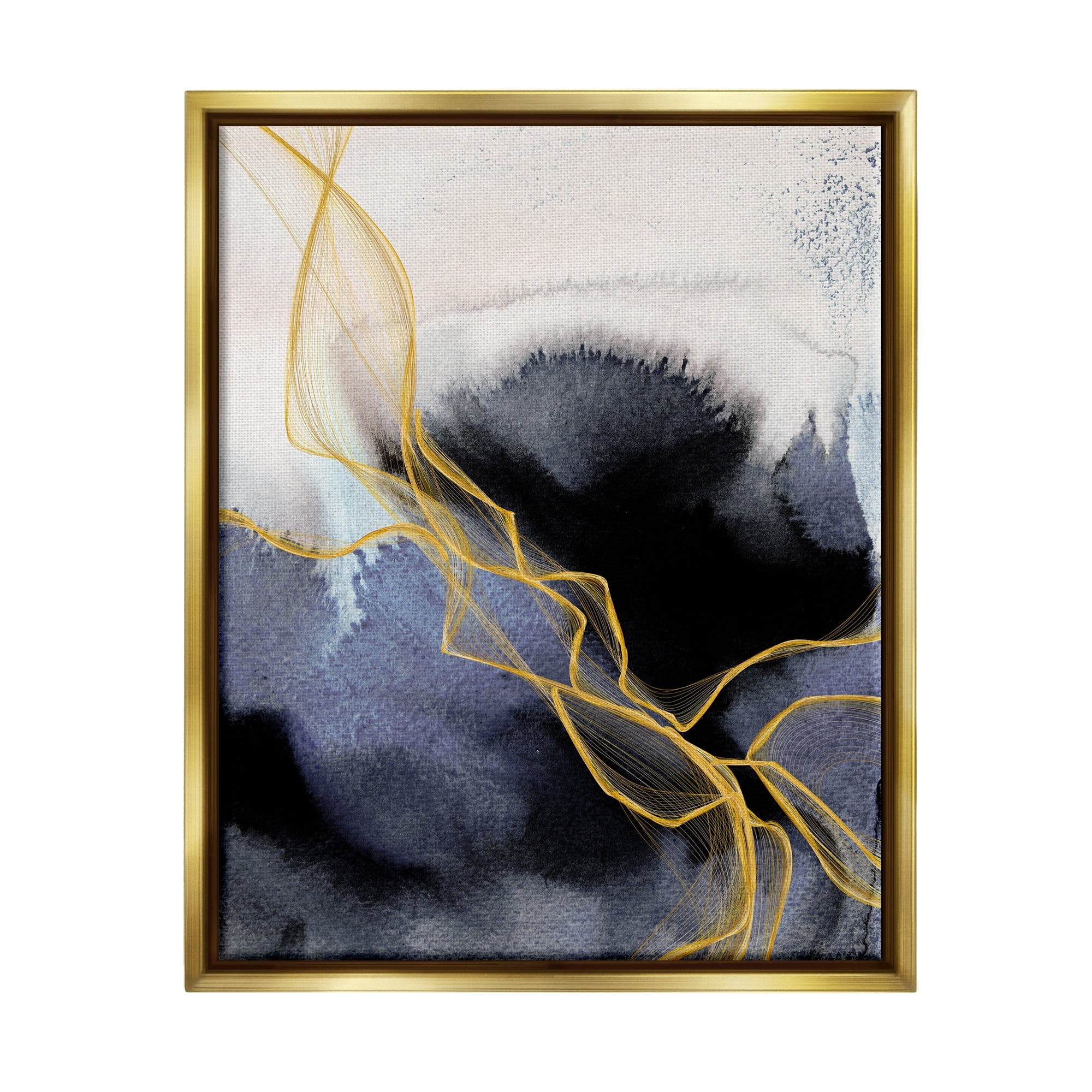 Stupell Industries Modern Coastal Abstract Organic Lines Blue Gold Metallic Gold Framed Floating Canvas Wall Art, 16x20, by Irena Orlov