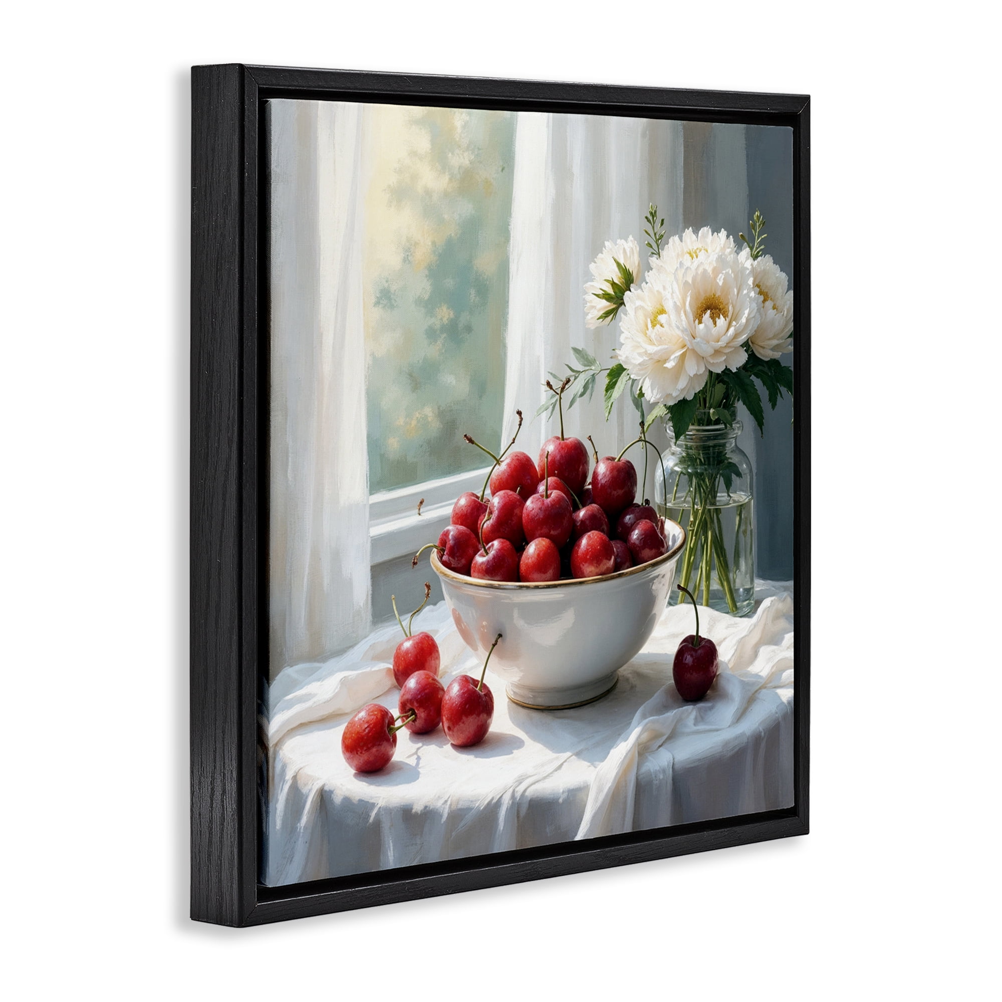 Cherries & Flowers Still Life Black Framed Floater Canvas Wall Art, design by Lettered and Lined