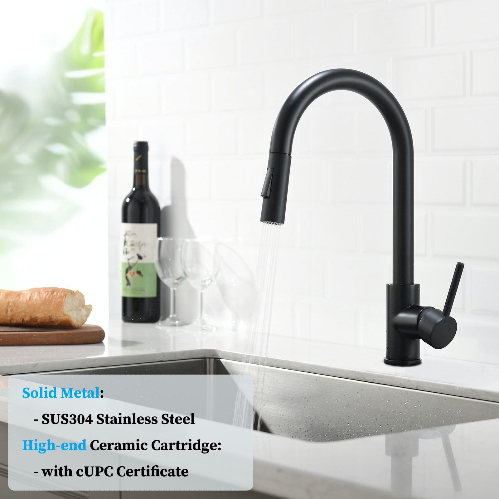 Havin Black Kitchen Faucet with Pull Down Sprayer, High Arc Stainless Steel Material, with cUPC Ceramic Cartridge,Without Deck Plate,Fit for 1 Kitchen Sink or Laundry Sink,Matte Black Color HV501B