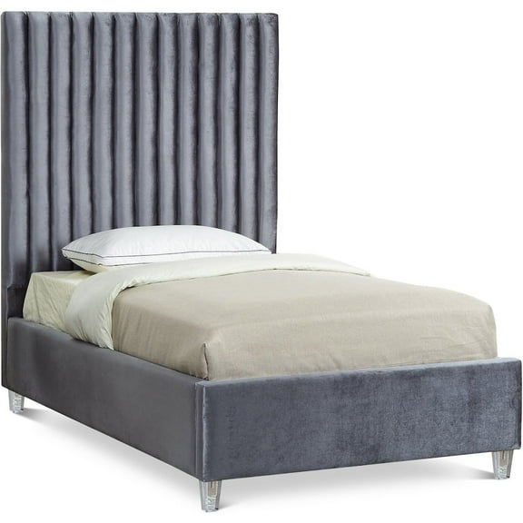 Meridian Furniture Candace Solid Wood Tufted Velvet Twin Bed in Gray