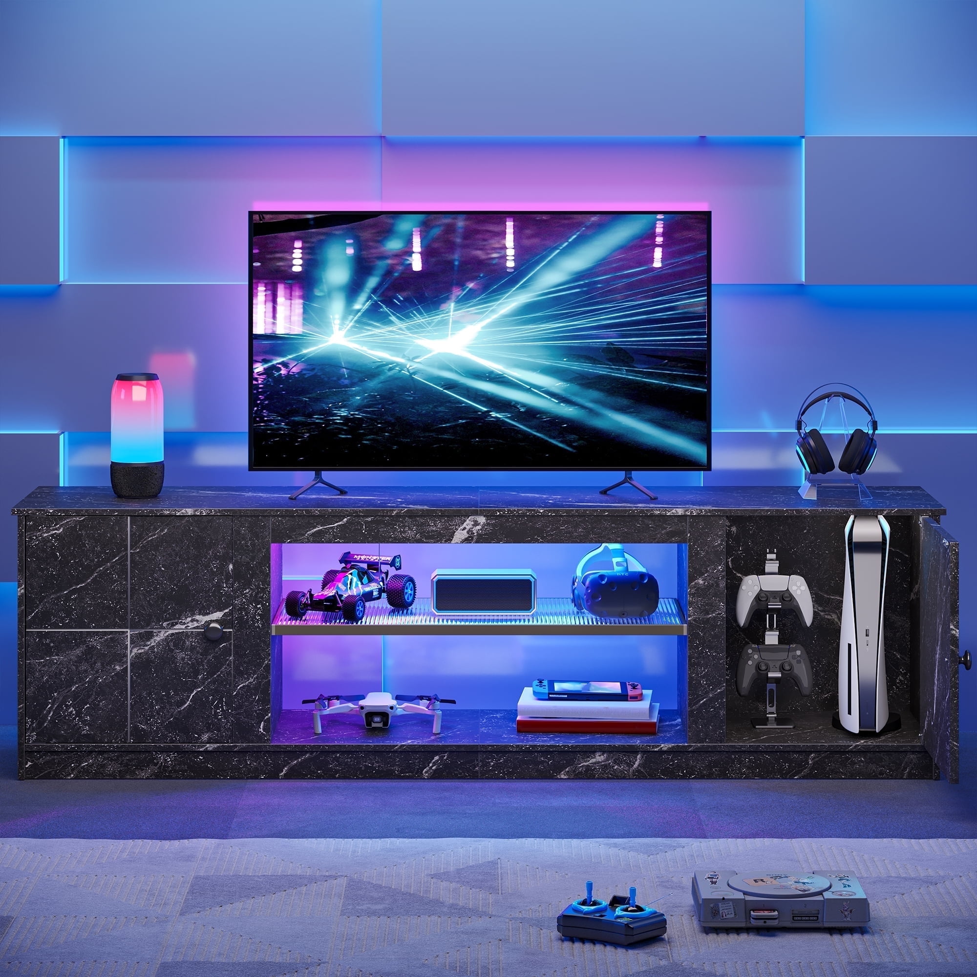 Pinmoco 63" LED TV Stand for TVs up to 70", Gaming Entertainment Center with Storage Cabinet and Adjustable Shelves, Black Marble