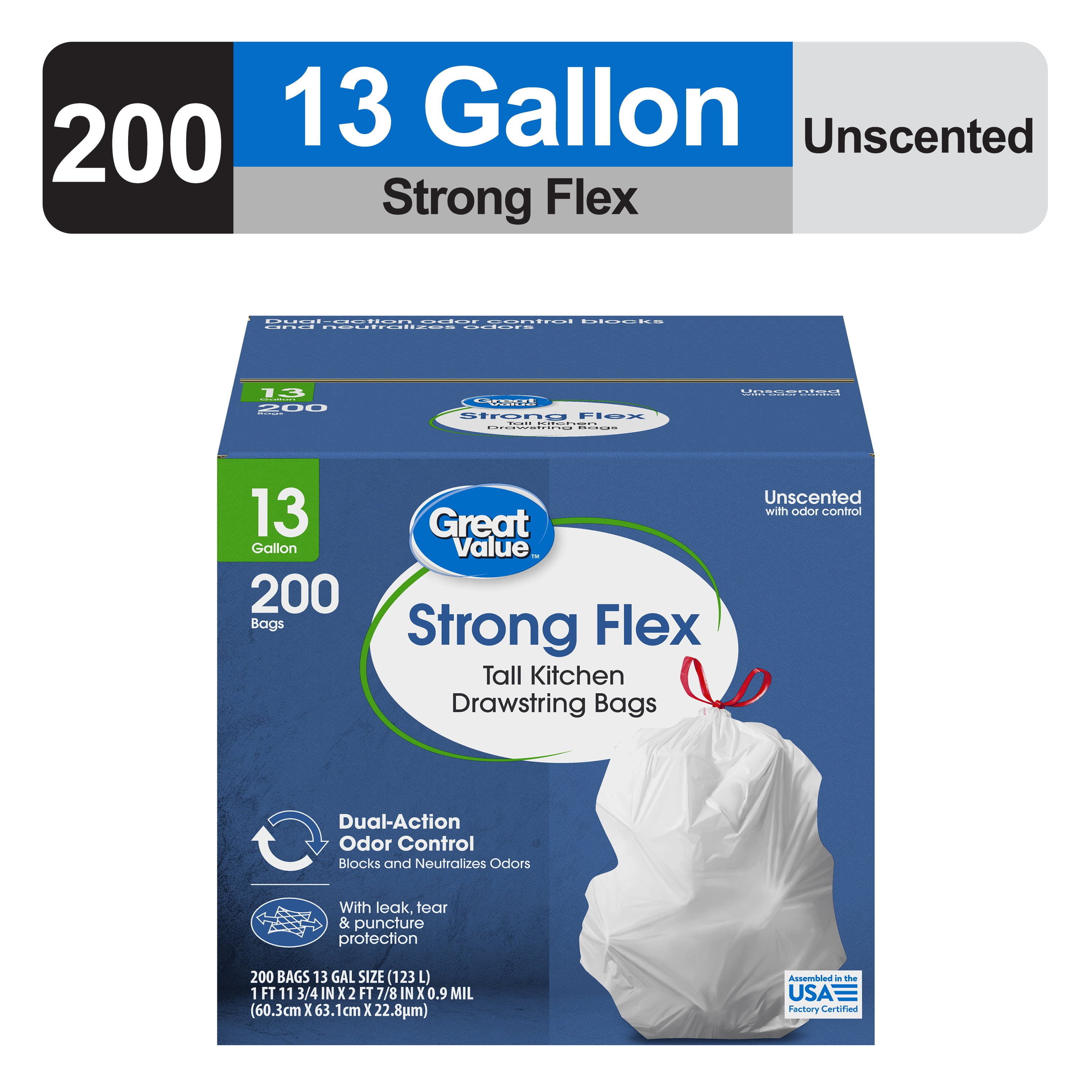 Great Value Strong Flex 13 Gallon Drawstring Tall Kitchen Trash Bags, Unscented, 200 Count