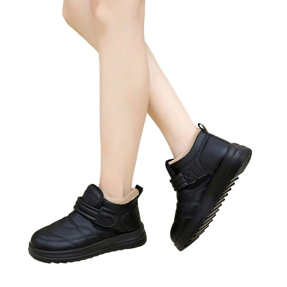 Womens Platform Snow Boots Hoop and Loop Slip on Comfy Furry Lined Soft Sole Waterproof Cute Winter Booties Black 5.5