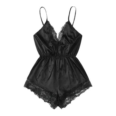 

Frontwalk Ladies Bodysuit Deep V Lingerie Lace Sleepwear Women Mini Nightwear One Piece Babydoll Black XL