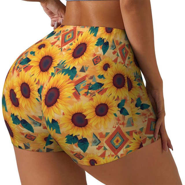 Balery Bohemian Sunflower Pantalones cortos de entrenamiento estampados para mujer, sin costuras, ajustados, para gimnasio, yoga, correr, deportes, ejercicio activo, fitness.-XX-Large