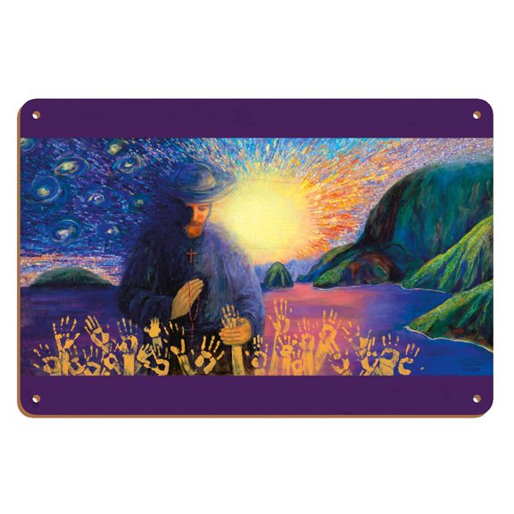 Father Damien - Hawaiian Saint of Molokai - Apostle of the Lepers - From an Original Hawaii Watercolor Painting by Peggy Chun - 8 x 12 inch Vintage Wood Art Sign