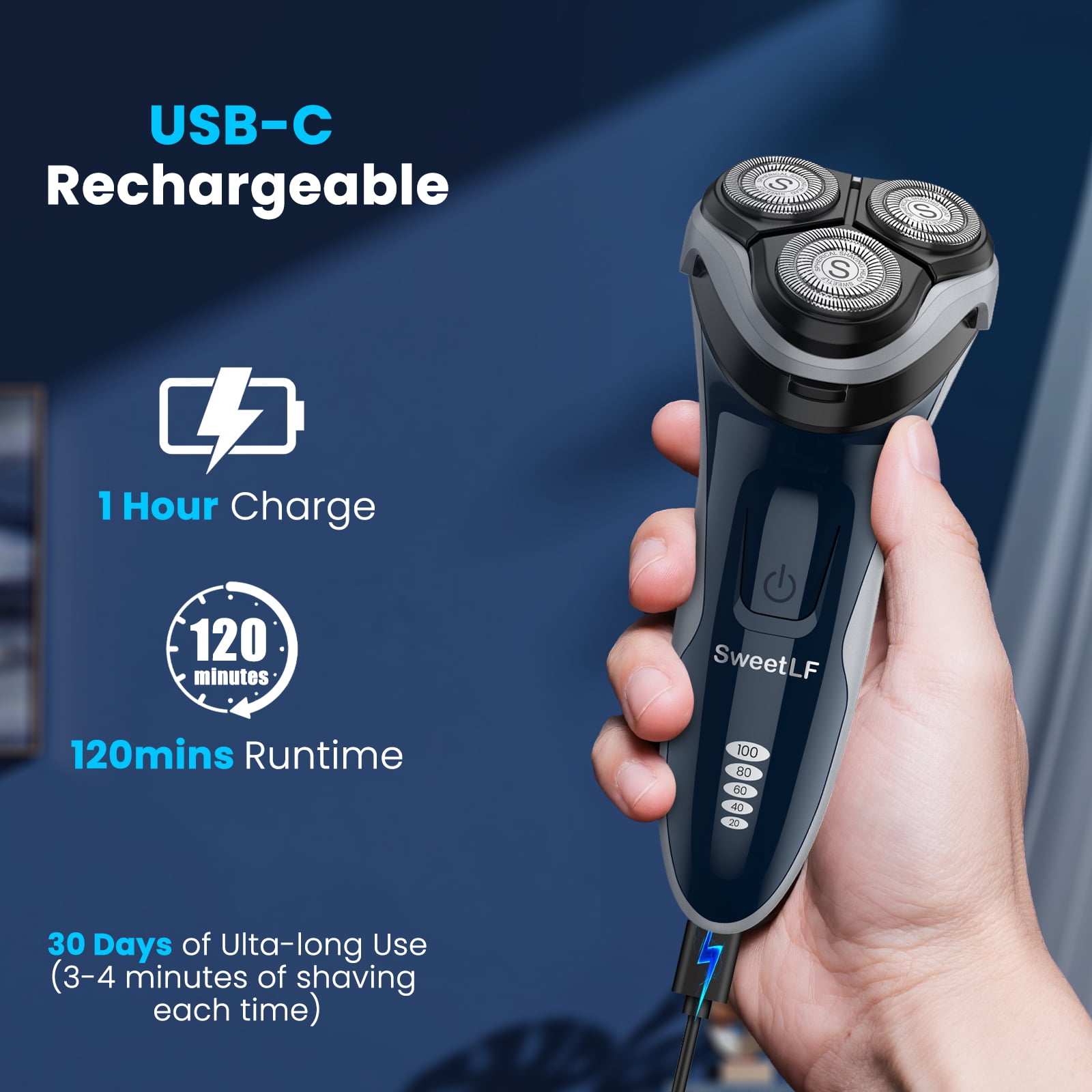 SweetLF Electric Shaver for Men, Cordless Rechargeable Electric Razor with Beard Trimmer, IPX7 Waterproof, Gifts for Men, Blue