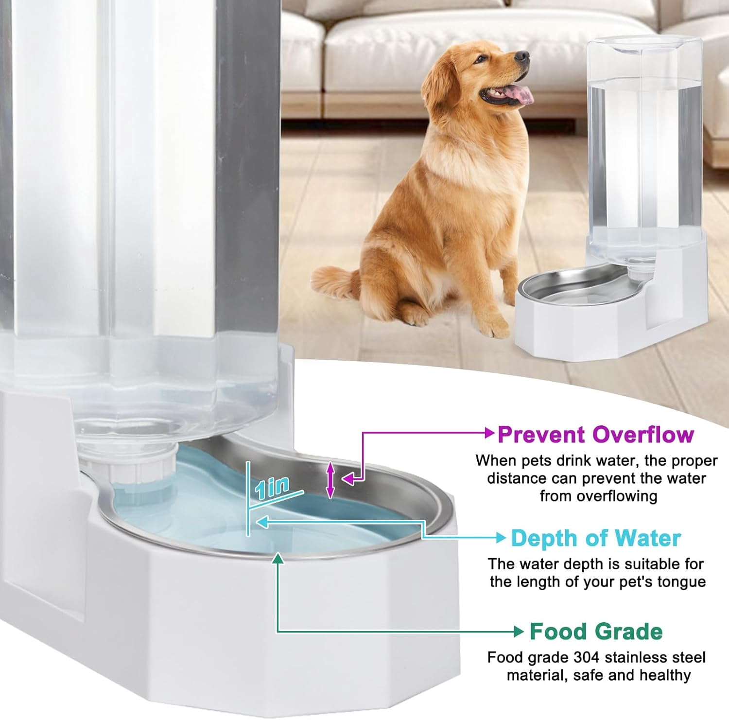 RIZZARI White 9L Automatic Pet Water Dispenser -  Stainless Steel Gravity Pet Feeder for Dogs and Cats Large Capacity