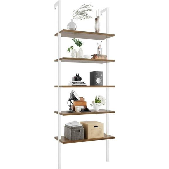 Flamaker 5-Tier Bookshelf  Wall Mount Ladder Bookshelf, Wood Board and Metal Frame, Modern Tall Narrow Storage Organizer for Home Office (White)