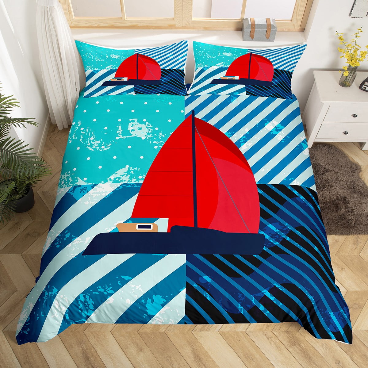 Ocean Theme Duvet Cover, Nautical Sailboat Bedding Set, Navy Blue Sea