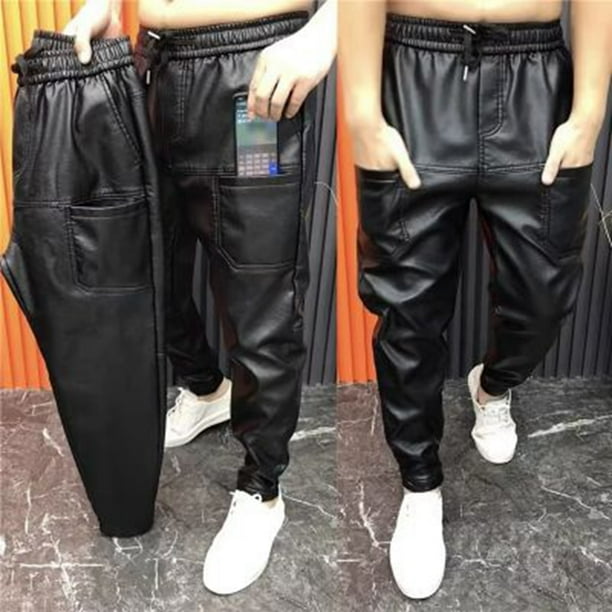Pantalones de cuero con cintura elastica para hombre pantalones de piel sintetica Joggers con bolsillos con cremallera ropa de calle negra pantalones de lapiz delgados ropa para hombre Walmart en line...