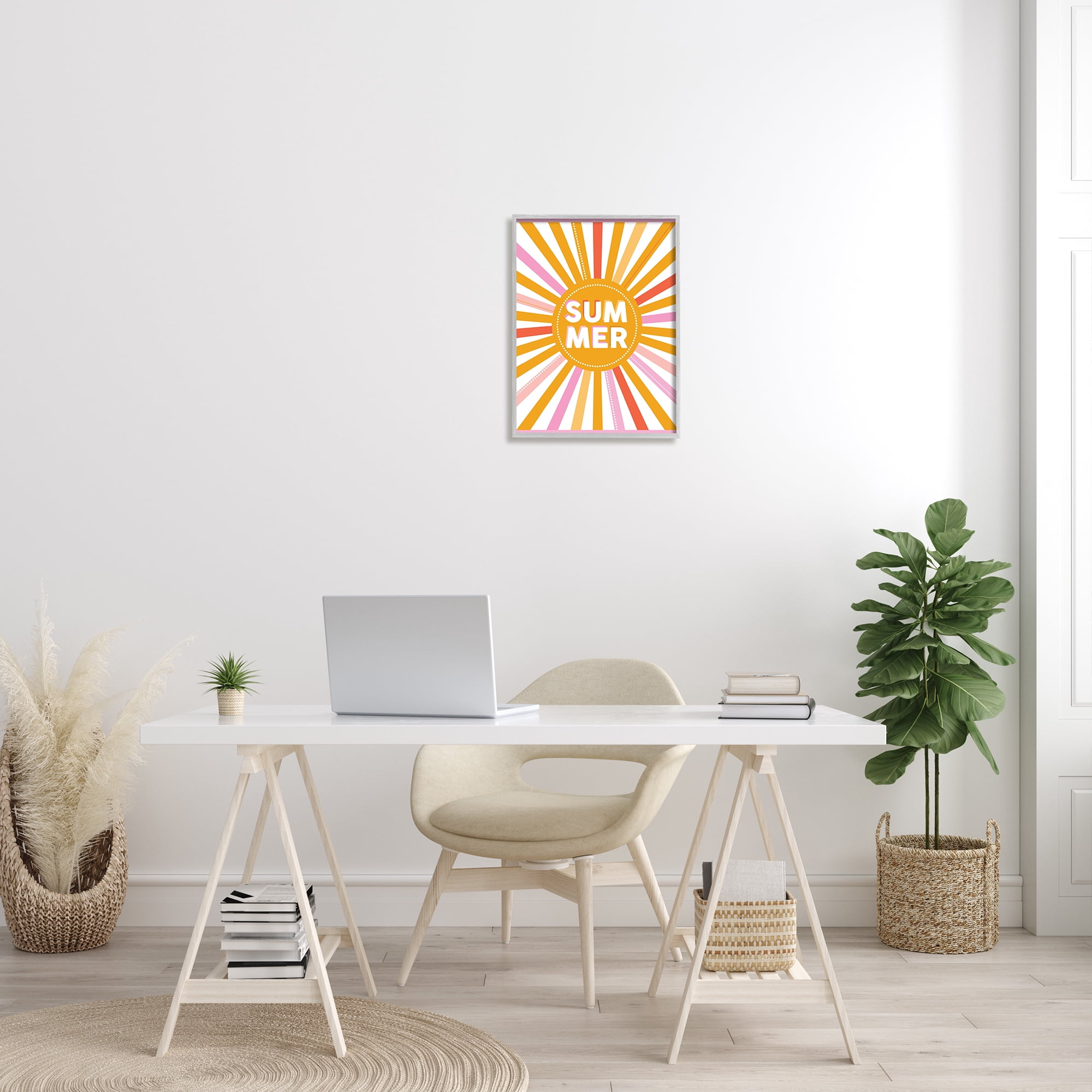 Stupell Industries Bold Summer Typography Playful Rainbow Sun Rays Graphic Art Gray Framed Art Print Wall Art, 16x20, by Angela Nickeas