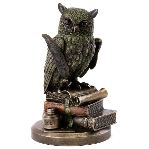 Top Collection Eagle Owl on Books Statue - Owl of Wisdom and Knowledge with Feather Pen and Ink Sculpture in Premium Cold Cast Bronze - 8.75-Inch Collectible Animal Figurine