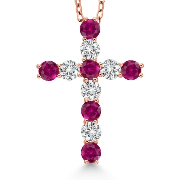 Gem Stone King 18K Rose Gold Plated Silver White Moissanite and Red Created Ruby Cross Pendant Necklace for Women (1.64 Cttw, Gemstone Birthstone, Round 3.5MM, with 18 inch Silver Chain)