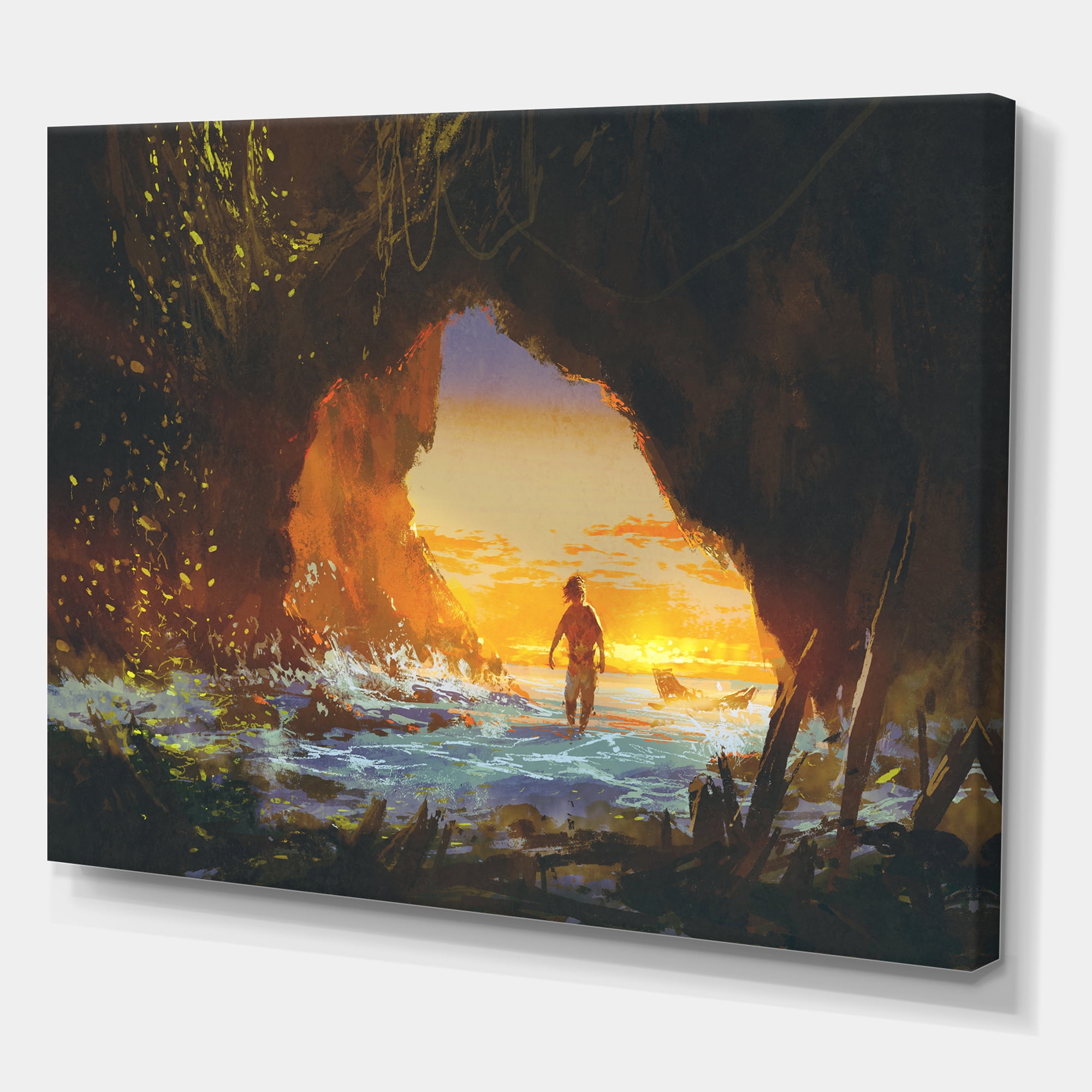Designart ' The Sea Cave At Sunset With The Man Walking In ' Nautical & Coastal Canvas Wall Art Print