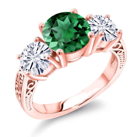 Gem Stone King 18K Rose Gold Plated Silver Green Nano Emerald and White Moissanite Engagement Ring for Women | 3.25 Cttw | Round 8MM | Gemstone May Birthstone | Size 6