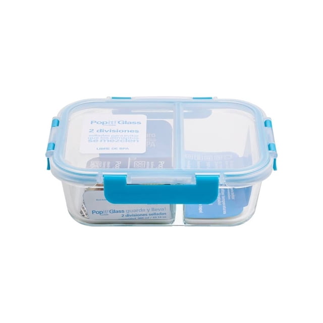 Contenedor Hermético Popit! Glass P4458D-8 Rectangular Con 2 Divisiones 980 mL