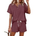 thumbnail image 2 of oqasdz Women Solid Color Short Sleeved Shirts Tops Shorts Casual Sets Button Drawstring Tie Up Sportswear Stylish Female Dailywear, 2 of 5