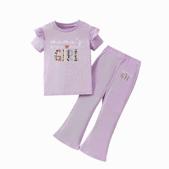 HCNTES Girl's 2 Piece Summer Outfits Print Tees and Wide Leg Cargo Pants Set Kids Girl School Suit 3T 4T 5T 6T 7T 8T 9T(D01-Purple,3-4 Years)