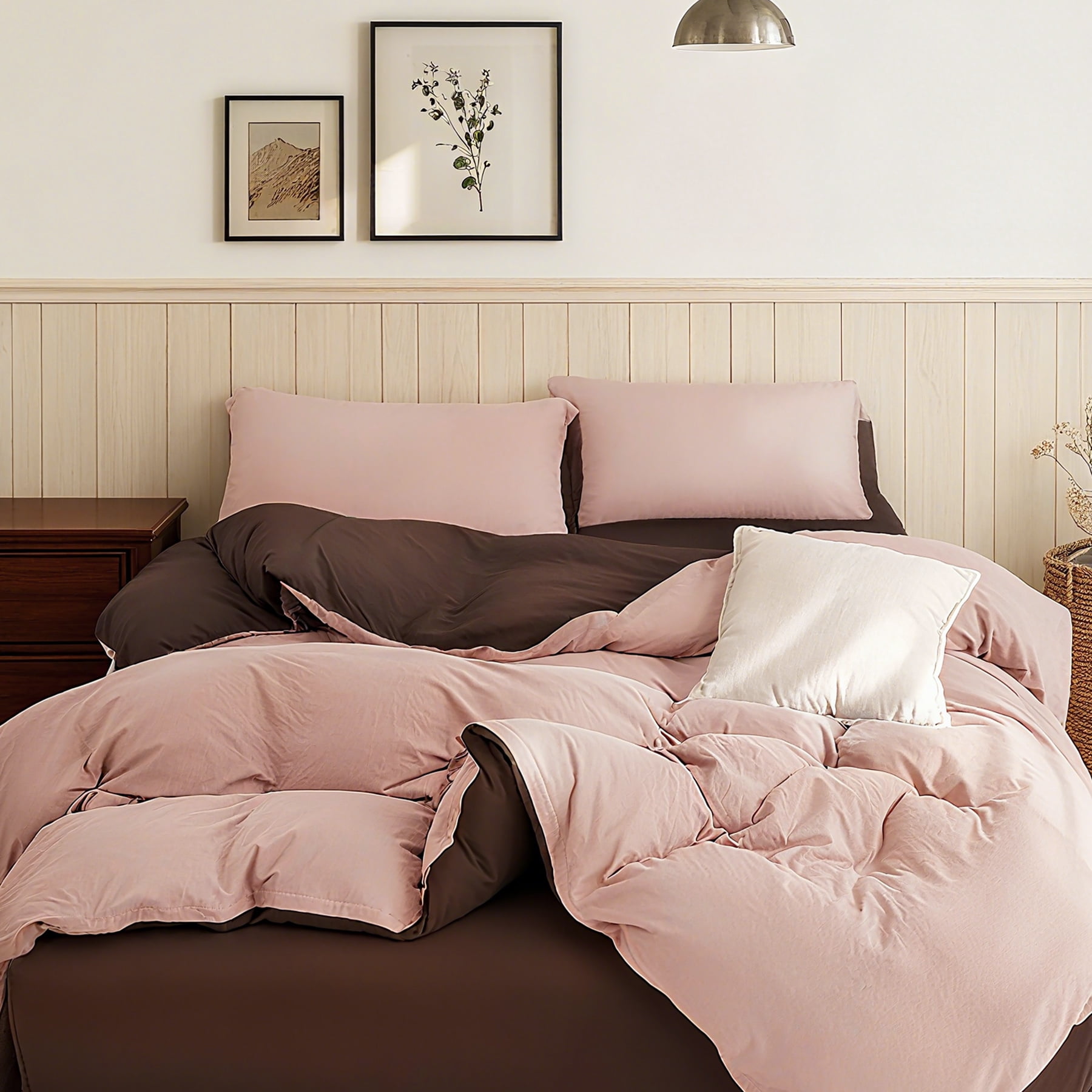 PURE ERA Duvet Cover Set Queen Size 100% Jersey Cotton Reversible Ultra Soft Stretchy Solid Pink Chocolate Brown (1 Duvet Cover 2 Pillow Shams)