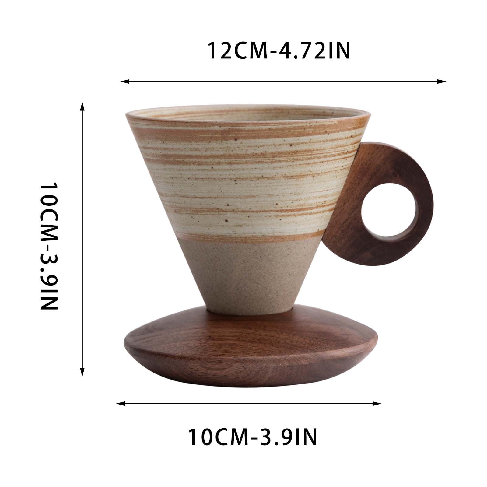 Elegant Conical Ceramic Coffee Cup with Solid Wood Base, Vintage Coarse Pottery Funnel-Shaped Mug for Home, Handcrafted Heat-Resistant Tea Coffee Cup, Pour-Over Espresso Brewing Mug, 200ml