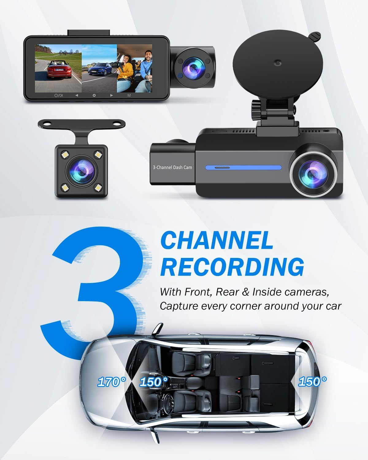 3 Channel Dash Cam, 4K/2.5K+1440P Dash Cam Front and Rear Inside, Dash Camera for Cars, Triple Car Camera with 32GB Card, G-Sensor, 24Hr Parking, Loop Recording, IR Night Vision, Blue