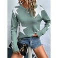 thumbnail image 2 of Women'S Star Pattern Crew Neck Drop Shoulder Casual Sweater Pullover Knitwear Green L, 2 of 7