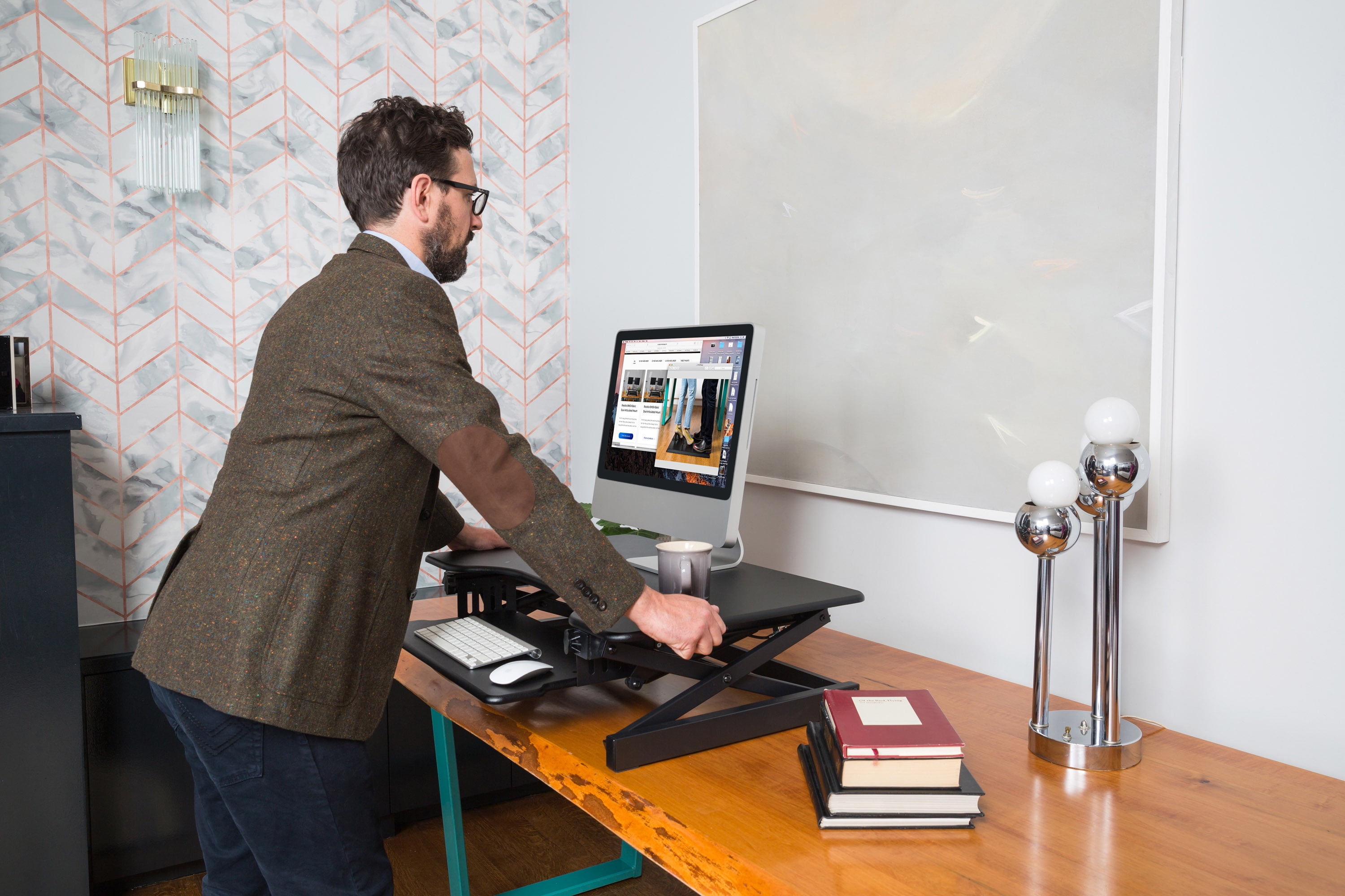 Rocelco 32in. Height Adjustable Standing Desk Converter BUNDLE | Sit Stand Computer Workstation Riser with Anti Fatigue Mat | Dual Monitor Retractable Keyboard Tray Gas Spring | Black (R EADRB-MAFM)