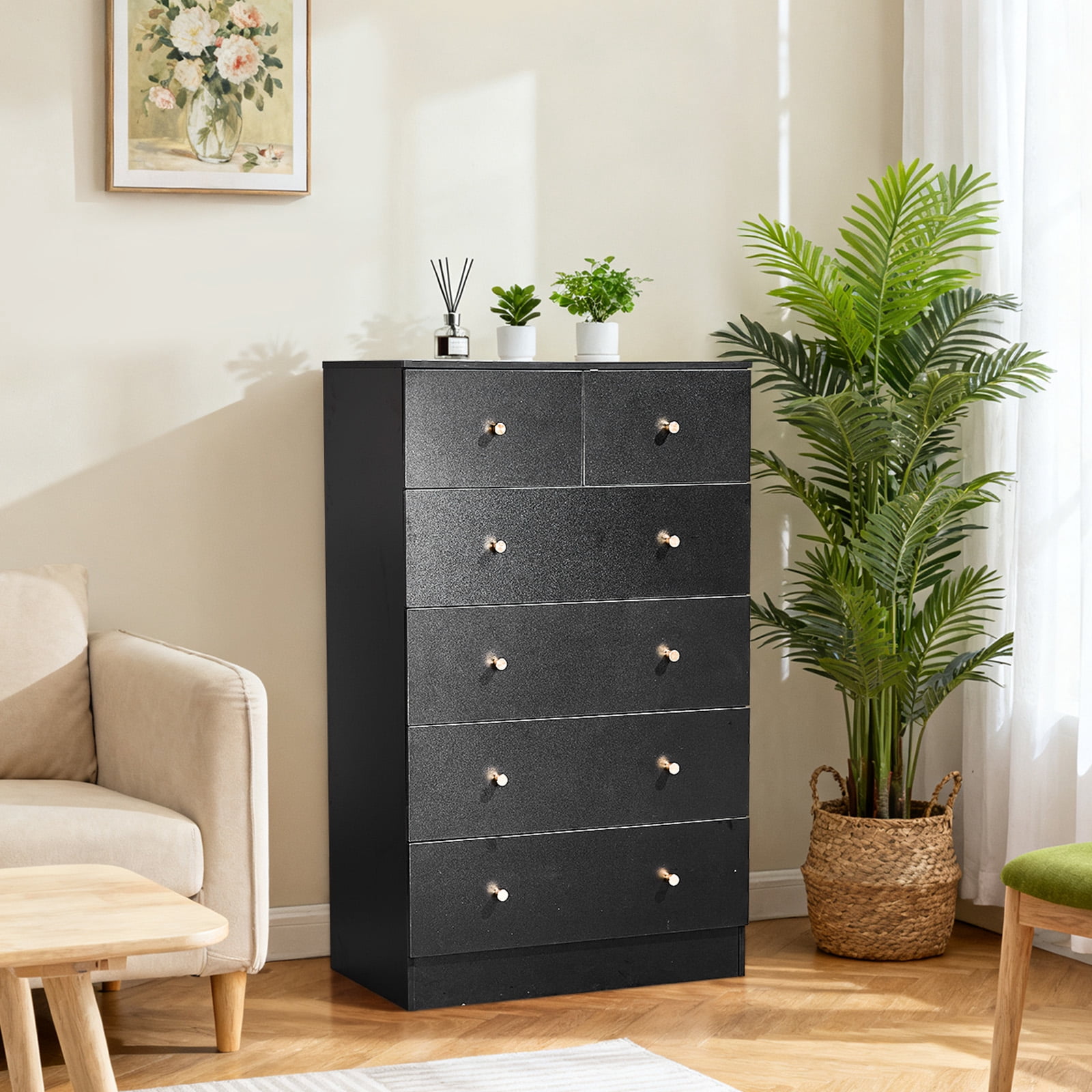 6-Drawer Cabinet, Matte Gold Handles Textured Melamine Particleboard Cabinet, Tall Space-Saving Storage Organizer for Bedroom Home Office Living Area
