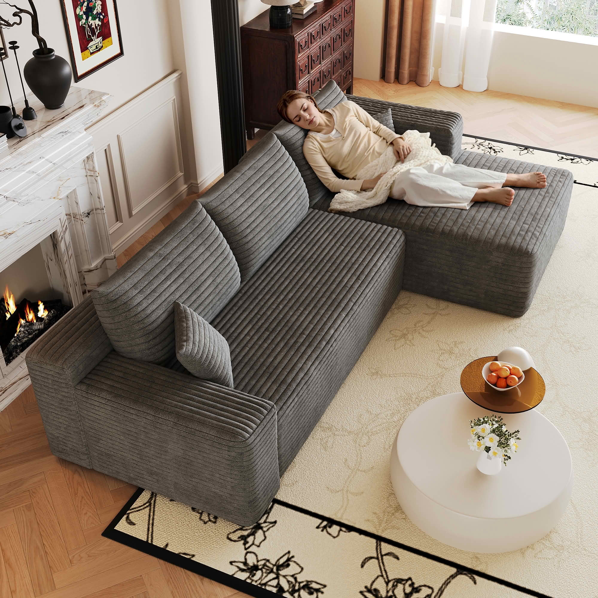 MAYEERTY 103 Inch Cloud L Shaped Sectional Sofa, Plush Corduroy Deep Seat Corner Couch, No Assembly Required Modern Minimalist Sofa for Living Room