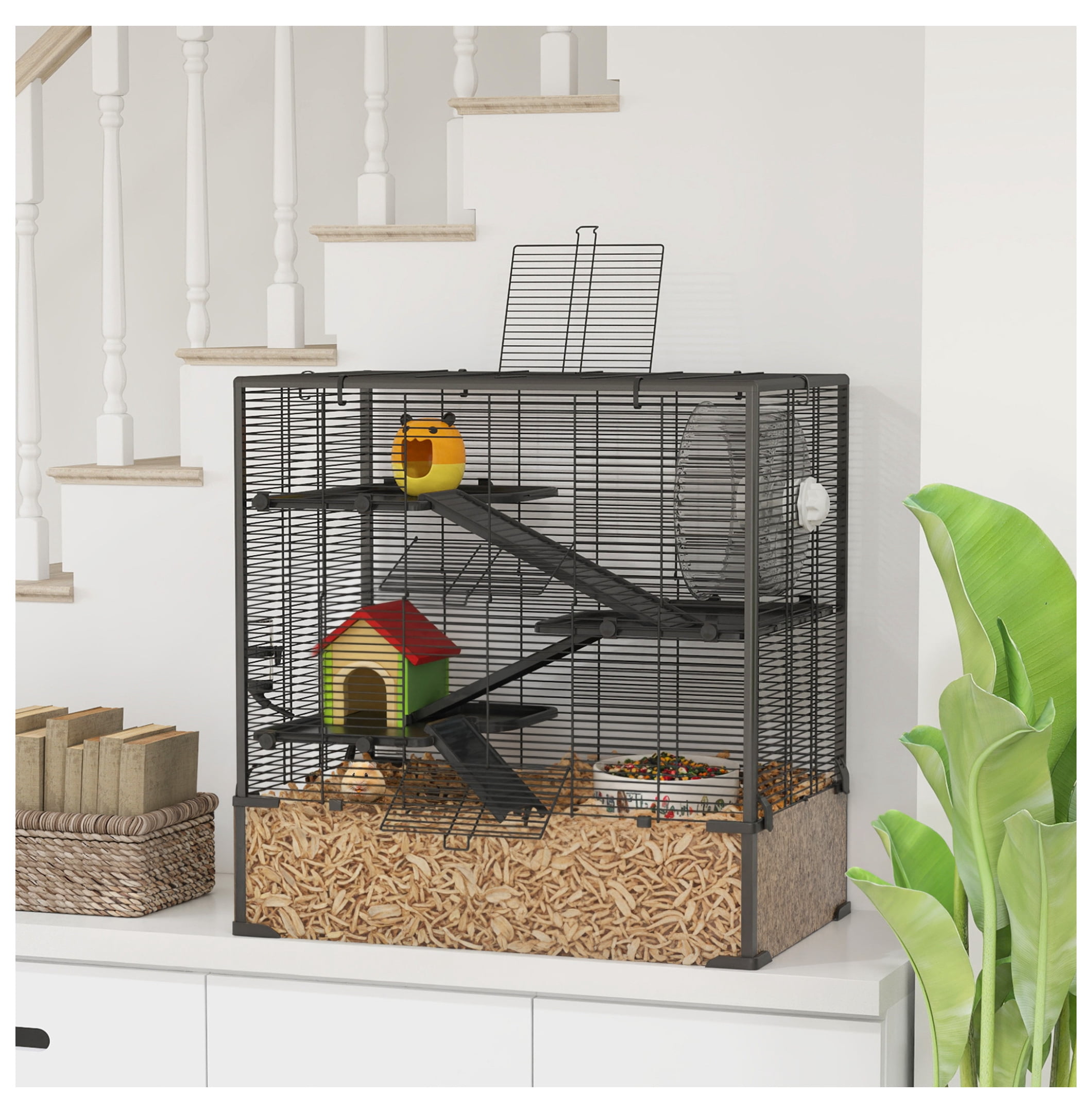 Hamster Cage 4 Tier with Tempered Glass Bottom, Running Wheel & Hut - Mice & Rats Habitat 31"x19"x31.5", Syrian & Dwarf Hamster Cage
