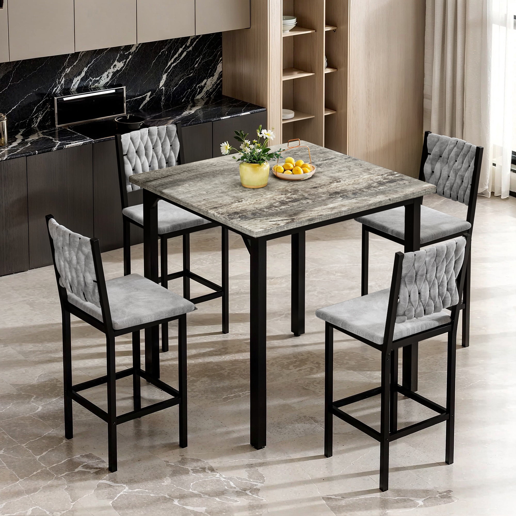 MIERES Wooden Kitchen Table and Chairs Set for 4, 36 Inch Dining Room Set for 4 with 4 Velvet High Back Support Chairs for Small Spaces, Gray