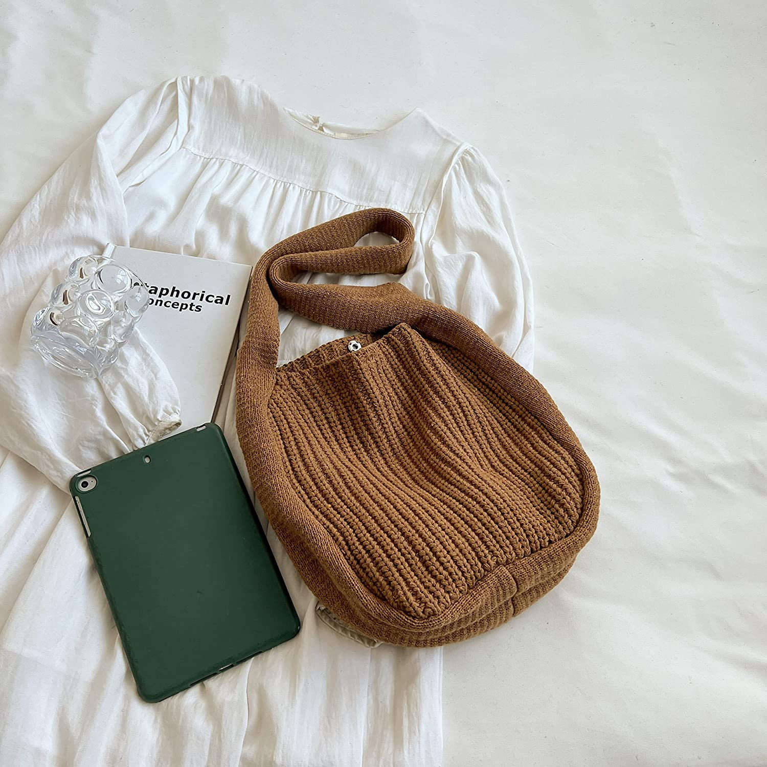 Women's Crocheted Crossbody Tote Hobo Bag, Knitted Shoulder Handbag, Aesthetic Handmade Cute Purse, Knit Crochet Bag