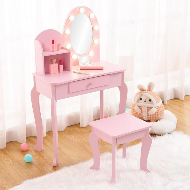 BeesClover Kids Vanity Set with Touch Lighted Mirror, Pretend Play Girls Vanity Table and Chair Set with Mirror, Stool, and Wood Makeup Playset