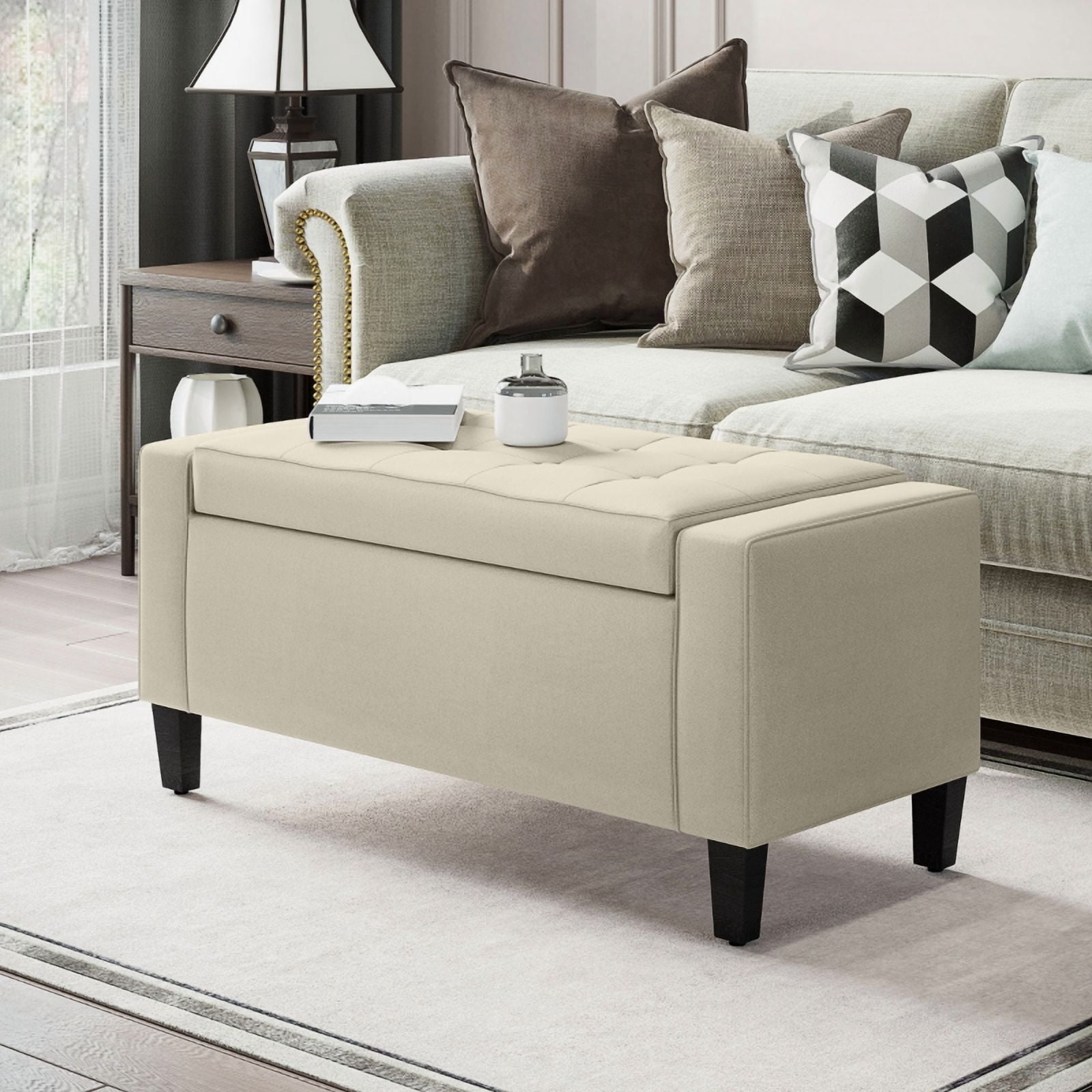 Alvantor Storage Ottoman Bench with Lift Top, Linen Upholstered Entryway Seat 36.25"x15.75"x15.75" Beige