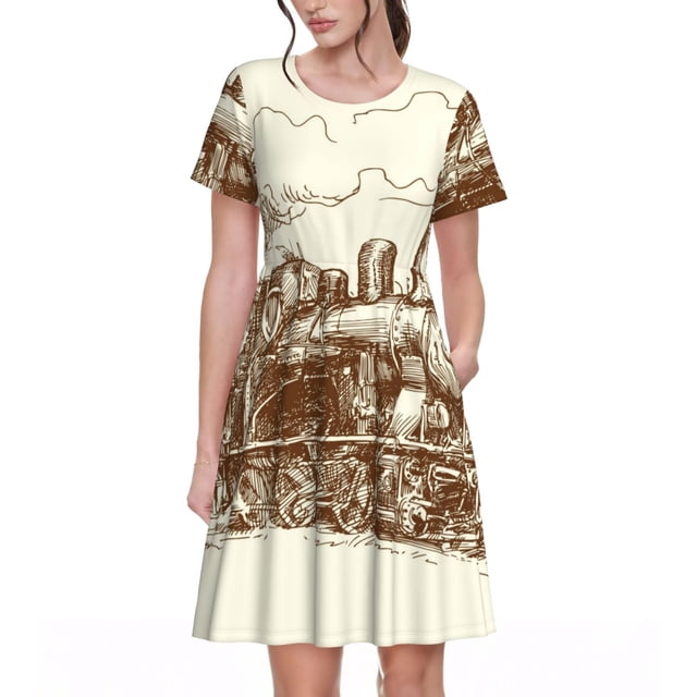 Bixox Robe d'Été à Manches Courtes pour Femmes Robe Ample Longueur Genou avec Poches-Entraînement