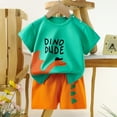 thumbnail image 2 of XUELUO Toddler Boys Outfit Sets Summer Cartoon Dinosaur Print Crew Neck Short Sleeve T Shirts Tops And Elastic Waist Shorts 2 Piece Casual Sports Daily-Wear,Green,3-4 Years, 2 of 4