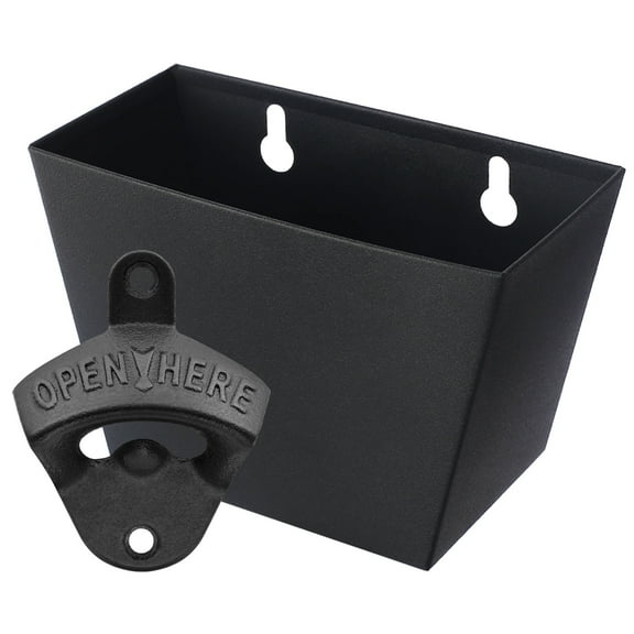 Luwanburg Black Cast Iron Bottle Opener Wall Mounted Beer Top Opener with Cap Catcher Bucket
