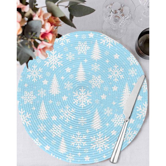 13 Inch Round Placemats Set of 4, Sky Blue Christmas Non Slip Heat Insulation PP Table Mats, Xmas Tree Snowflake Winter Abstract Washable Place Mats for Kitchen Dining Party Table Decor