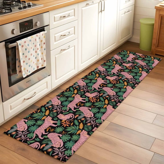 2'x6' Rug Runners for Hallways Kitchen, Tiger Leaves Non Slip Entryway Beside Floor Carpet Runner, Vintage Farmhouse Watercolor Animals Plants Laundry Room Bedroom Throw Rugs Mat for Family Pet